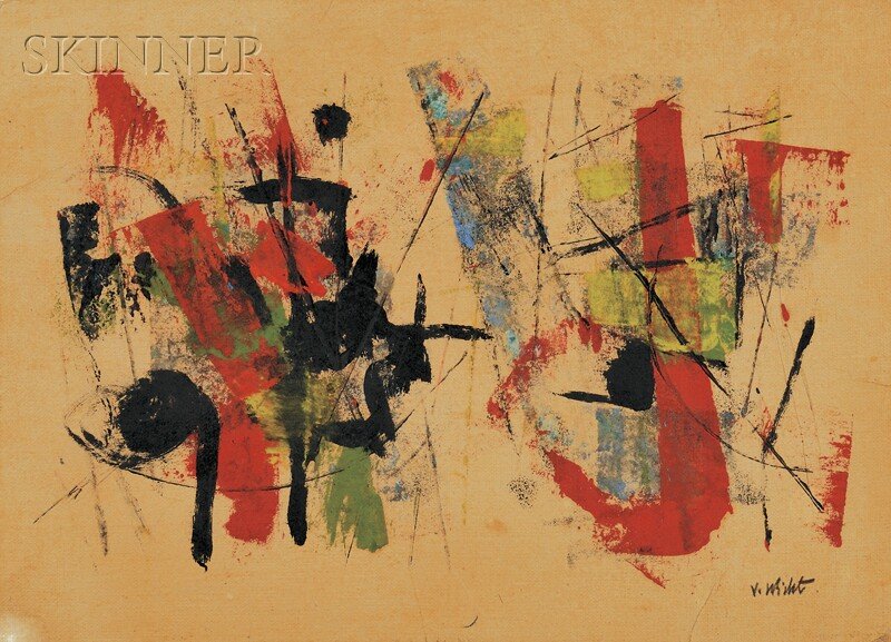 John G.F. Von Wicht (American, 1888-1970) Abstract Comp: John G.F. Von Wicht (American, 1888-1970) Abstract Composition Signed "V. Wicht" l.r. Mixed media (oil, ink, and chine collé) on canvas, 17 x 22 in. (43.2 x 55.9 cm), framed. Condition: Surface grime