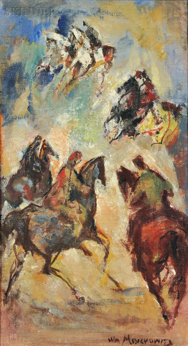 William Meyerowitz (American, 1887-1981), Horses, Signe: William Meyerowitz (American, 1887-1981) Horses Signed "WM MEYEROWITZ" l.r. Oil on canvasboard, 17 1/2 x 10 in. (44.4 x 25.4 cm), framed. Condition: Minor surface grime.