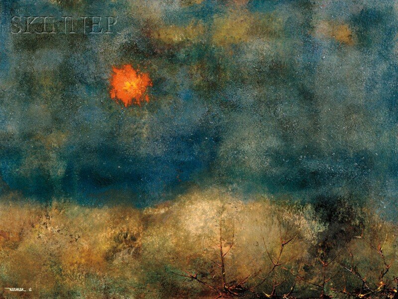 Leonardo M. Nierman (Mexican, b. 1932) Imaginary Landsc: Leonardo M. Nierman (Mexican, b. 1932) Imaginary Landscape Signed and dated "nierman 62" l.l. Mixed media on Masonite, 23 1/2 x 31 3/8 in. (59.8 x 79.6 cm), framed. Condition: Mild surface