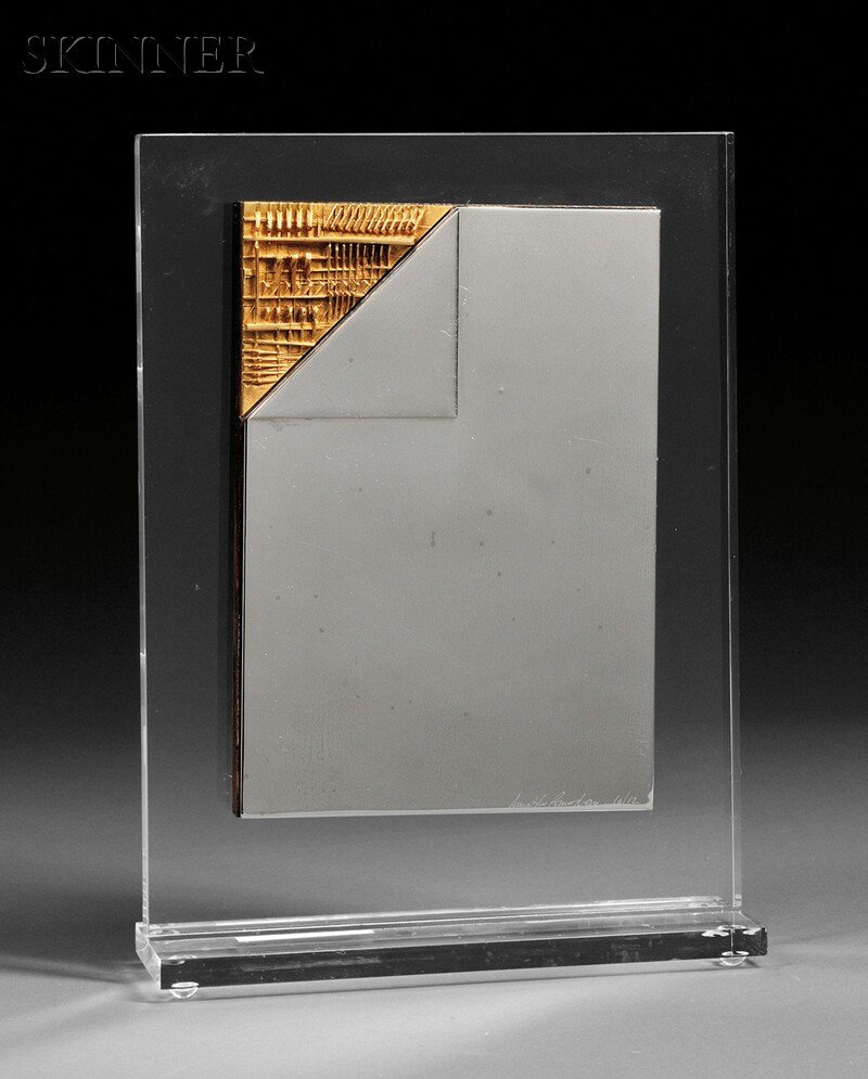 Arnaldo Pomodoro (Italian, b. 1926) Folded Page/One of: Arnaldo Pomodoro (Italian, b. 1926) Folded Page/One of Six Bas-Reliefs from Bozzetto II, 1974 Signed and numbered "Arnaldo Pomodoro, 10/12" l.r. Silvered brass and steel, 9 7/8 x 6 7/8 in. (25