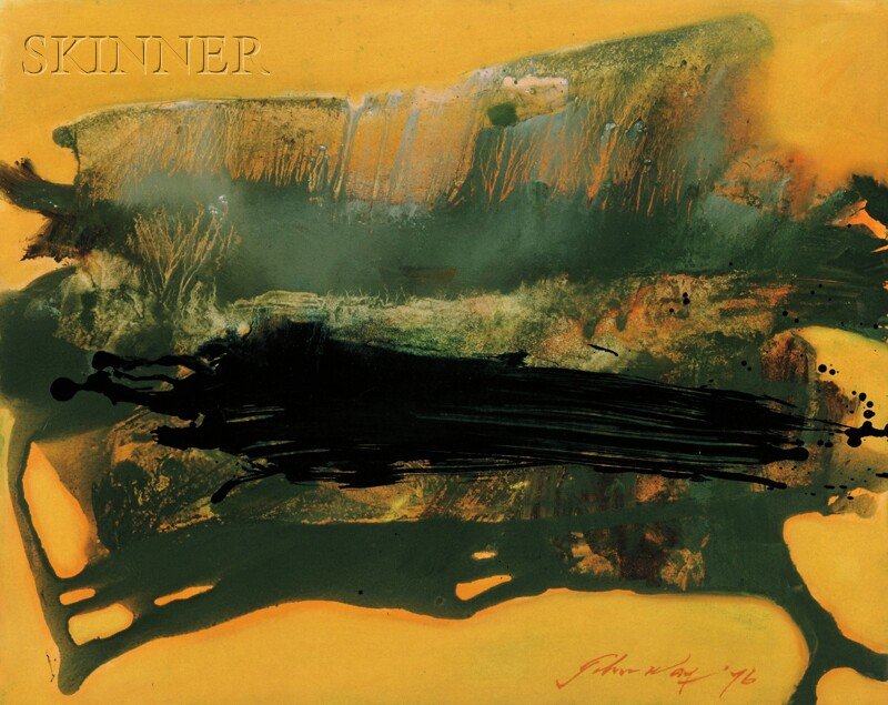 John Way [Wei Letang] (Chinese/American, 1921-2012) Abs: John Way [Wei Letang] (Chinese/American, 1921-2012) Abstract [Yellow/Green] Signed and dated "John Way '76" l.r. Oil on paper, sheet size 19 1/8 x 24 1/8 in. (48.6 x 61.3 cm), unframed. Condition: Oil