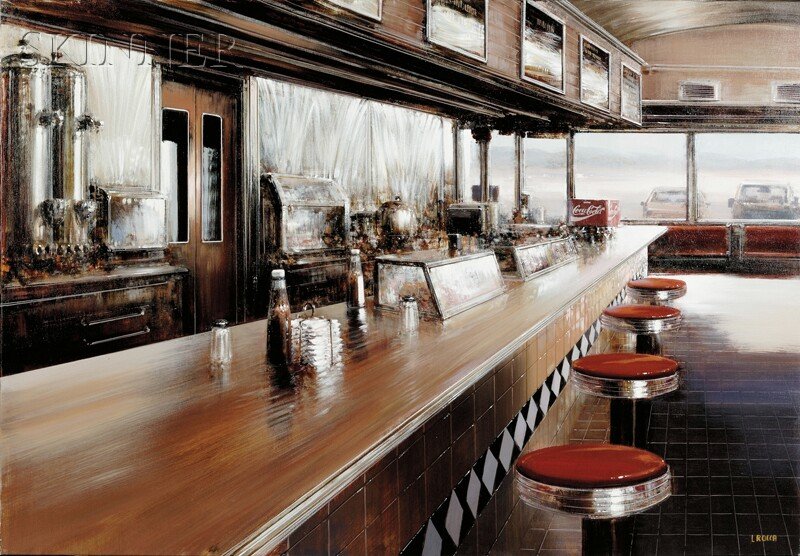 Luigi Rocca (Italian, b. 1952) Diner, 2002 Signed "L. R: Luigi Rocca (Italian, b. 1952) Diner, 2002 Signed "L. ROCCA" l.r., titled, inscribed, and dated "....L Rocca 2002" in pen on th reverse and "WHITE DIAMOND DINER" on the stretcher. Acrylic