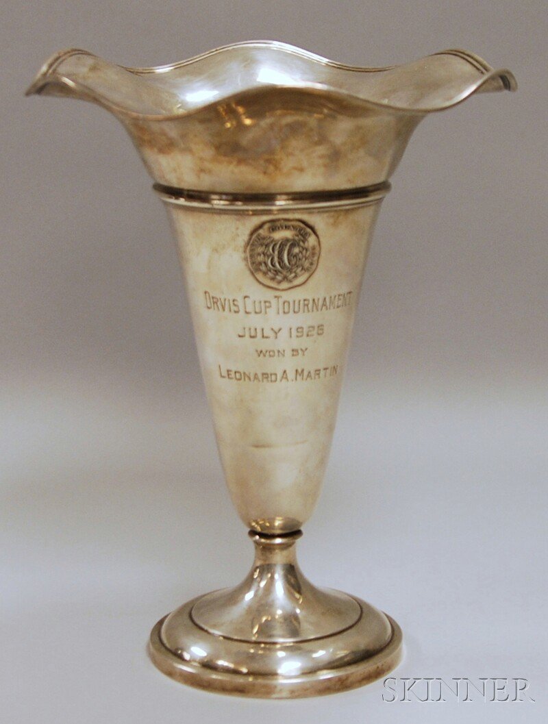 Watson for Black, Starr & Frost Weighted Sterling Si: Watson for Black, Starr & Frost Weighted Sterling Silver Golf Trophy, the trumpet vase-form trophy with applied monogrammed plaque for the Ekwanok Country Club, with engraved inscription "Orvis Cup To