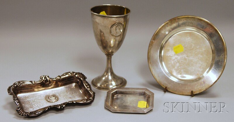 Four Assorted Sterling Silver Trophy or Presentatio: Four Assorted Sterling Silver Trophy or Presentation Items, a Graff, Washbourne & Dunn chalice with applied plaque for the John D. Chapman Memorial Trophy, foot engraved "Winner Second Flight 1936, Le