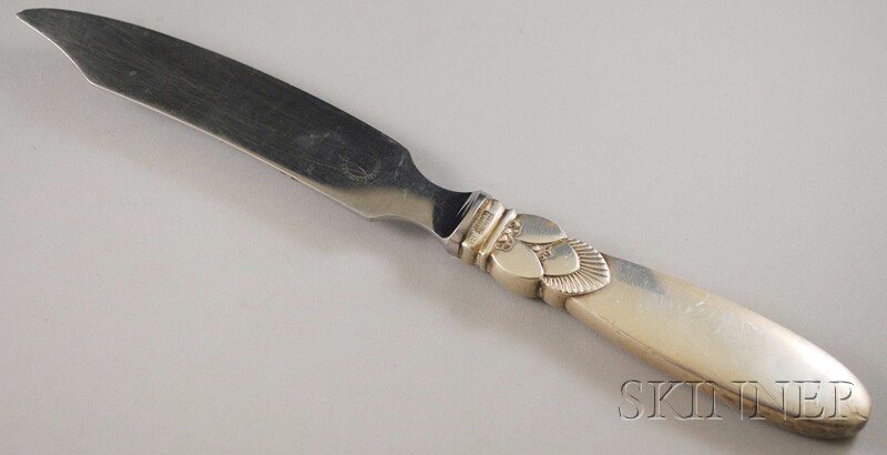 Georg Jensen "Cactus" Sterling Silver-handled Chees: Georg Jensen "Cactus" Sterling Silver-handled Cheese Knife, Copenhagen, Denmark, 1910-25, with stainless steel blade, lg. 8 in., approx. 2 troy oz. total.