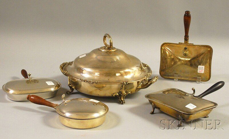 Five Assorted Silver-plated Articles, four silent: Five Assorted Silver-plated Articles, four silent butlers with turned wooden handles and engraved decoration to lids, and a Roberts, Smith & Co./Smith, Sissons & Co. covered tri-partite two-handled se