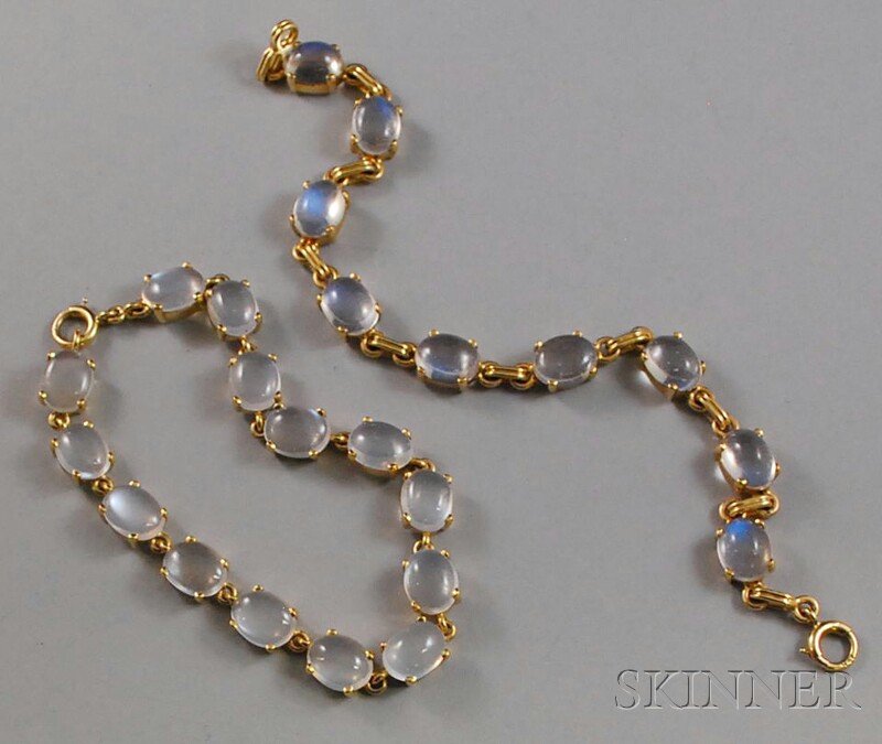 Pair of 14kt Gold and Moonstone Bracelets, total 1: Pair of 14kt Gold and Moonstone Bracelets, total 16.3 dwt, lg. 7 in.