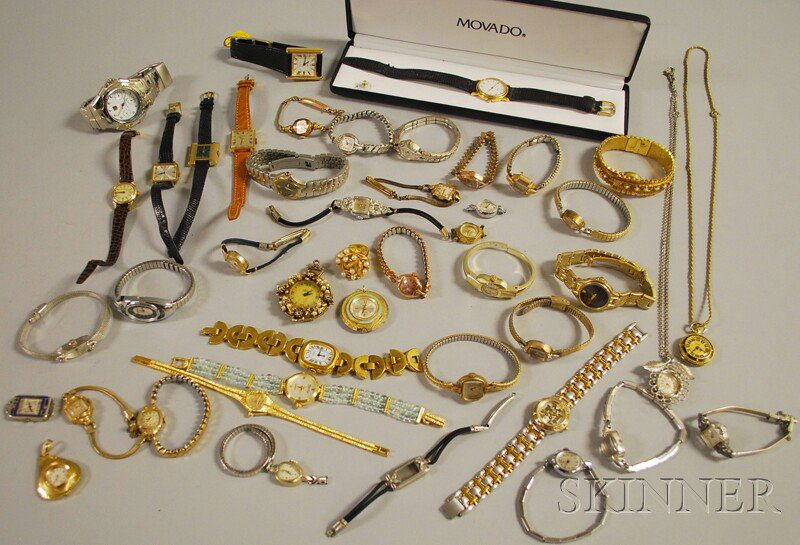 Group of Lady's and Gentleman's Mostly Fashion Wri: Group of Lady's and Gentleman's Mostly Fashion Wristwatches, including a boxed Movado, Wittnauer, Bulova, Tissot, Tag Heuer, Lucerne, Saks Fifth Avenue, and Gruen.