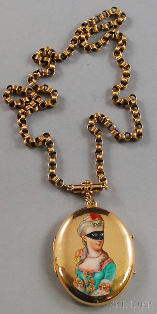 Victorian 14kt Gold and Enamel Portrait Locket, de: Victorian 14kt Gold and Enamel Portrait Locket, depicting a masked woman with diamond and seed pearl accents, on 10kt gold chain, total 14.4 dwt, locket lg. 1 1/2 in.