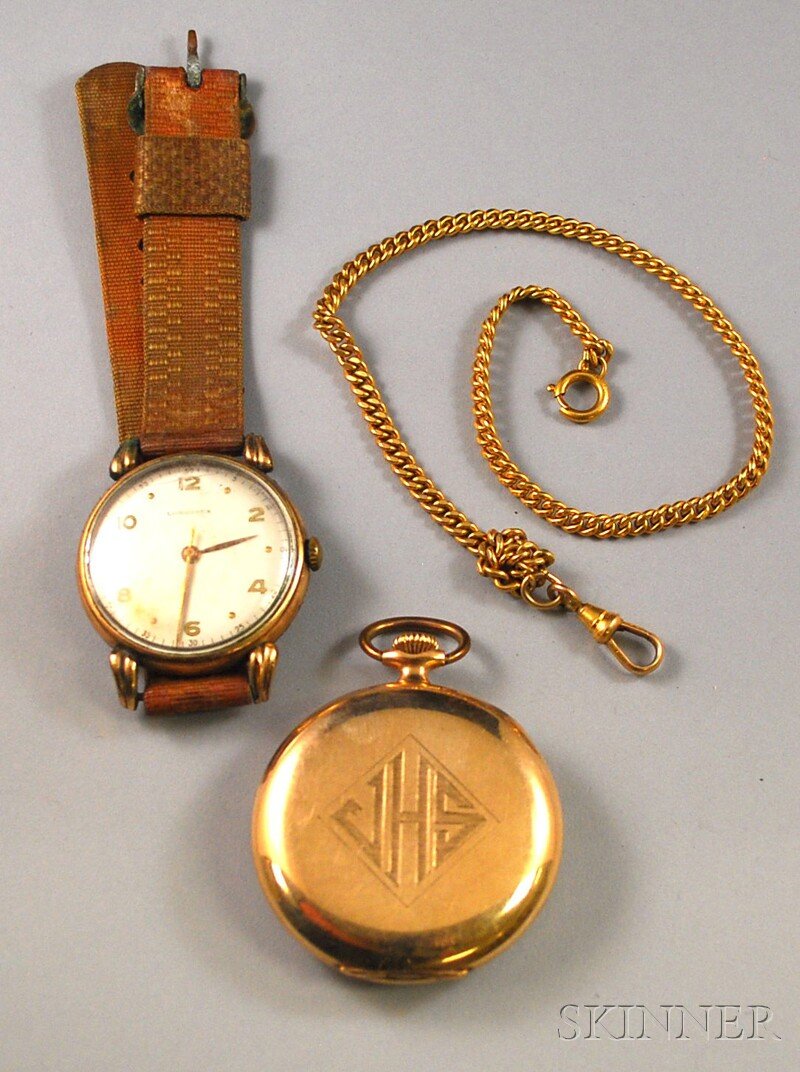 Two Gentleman's Watches, a Longines wristwatch and: Two Gentleman's Watches, a Longines wristwatch and a gold-filled open-face Hamilton pocket watch, 17-jewel movement no. 1964658, case no. 338345, together with a gold-filled watch chain.