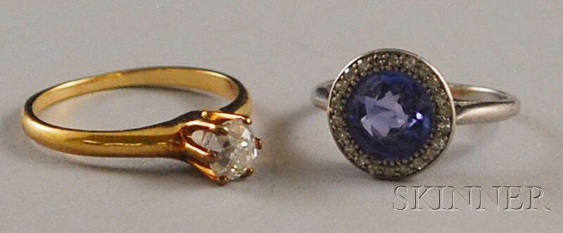 Two Gemstone Rings, a 14kt yellow gold diamond sol: Two Gemstone Rings, a 14kt yellow gold diamond solitaire, size 8, and an 18kt white gold, sapphire, and diamond ring, size 5 1/4, total 3.3 dwt.