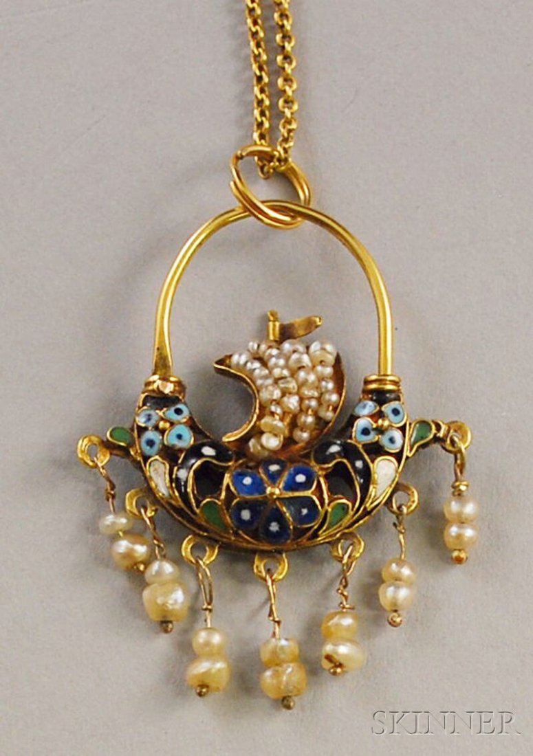 14kt Gold, Enamel, and Seed Pearl Renaissance Revi: 14kt Gold, Enamel, and Seed Pearl Renaissance Revival Ship-form Pendant, the enameled ship with seed pearl-encrusted sail and seven seed pearl tassels, on 14kt gold chain, total 5.1 dwt, pendant lg. 1