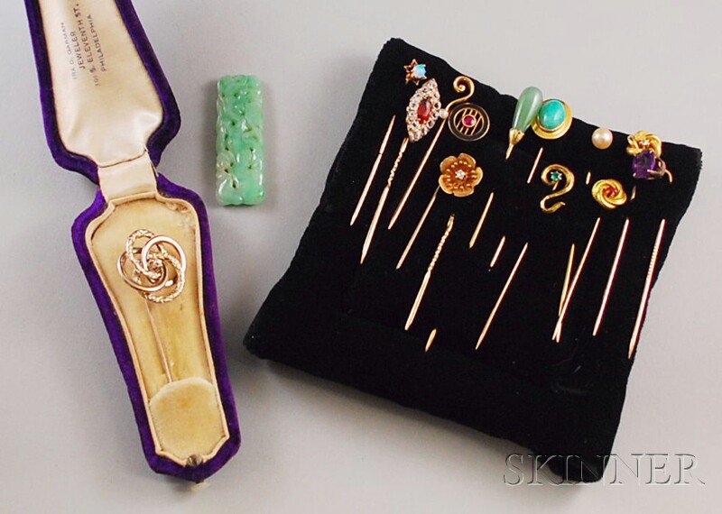 Group of Antique Gem-set Stickpins and a Carved Ja: Group of Antique Gem-set Stickpins and a Carved Jade Pendant, including a large 14kt white gold and diamond knot pin, boxed, 2.0 dwt, and assorted mostly 10kt and 14kt gold pins, set with a variety of