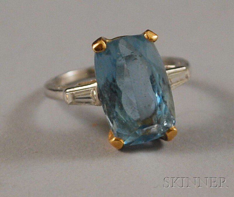 Platinum and Aquamarine Solitaire Ring, the antiqu: Platinum and Aquamarine Solitaire Ring, the antique-cut aquamarine measuring 14.00 x 9.00 mm set in yellow gold and flanked by two diamond baguettes, total 3.4 dwt, size 6 1/2.