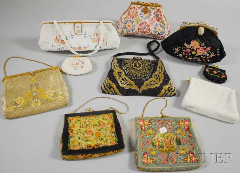 Ten Antique and Vintage Ladies' Purses, including: Ten Antique and Vintage Ladies' Purses, including various French beaded and embroidered.