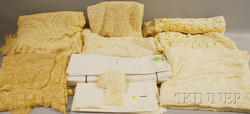 Group of Assorted Linens and Lace, including a num: Group of Assorted Linens and Lace, including a number of crocheted and net bedspreads and Irish linen tablecloths.
