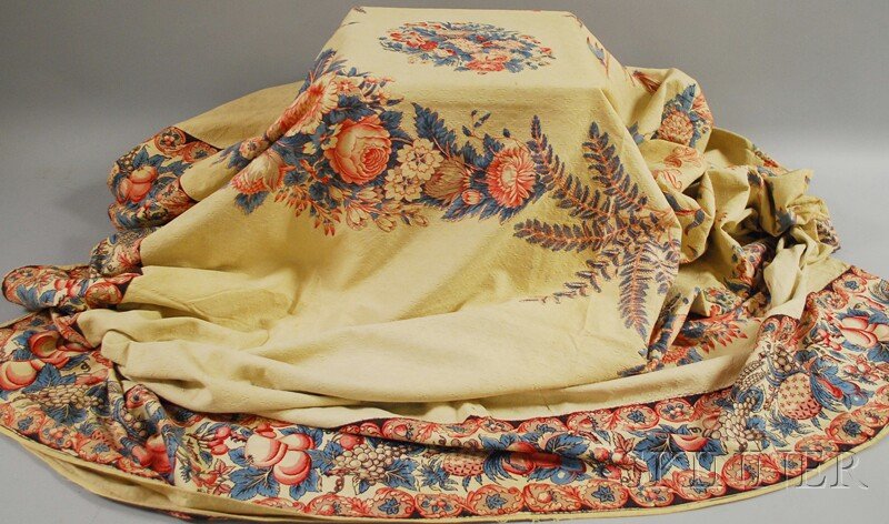 Floral "Broderie Perse" Applique Bedspread, probab: Floral "Broderie Perse" Applique Bedspread, probably 19th century, chintz applique with blue and red floral design on textured ivory cotton ground, approx. 9 ft. 2 in. x 10 ft. 2 in.