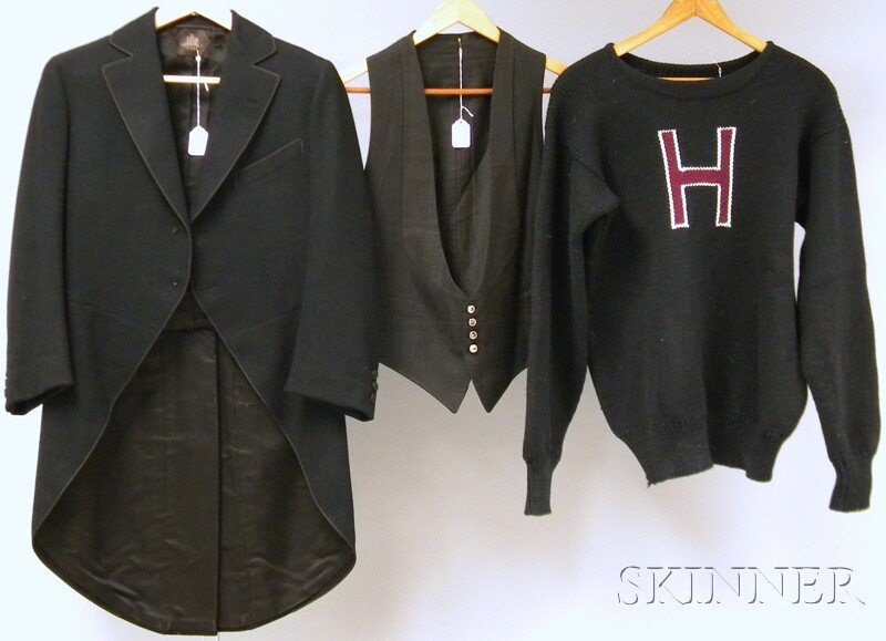 Three Men's Vintage Clothing Items, including a ta: Three Men's Vintage Clothing Items, including a tailored wool coat, a vest, and a Harvard knit letter sweater.