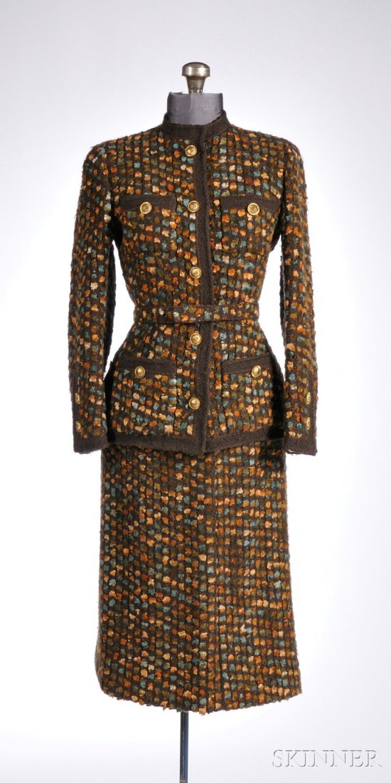 Vintage Chanel Skirt Suit, 1960s-70s, multicolored: Vintage Chanel Skirt Suit, 1960s-70s, multicolored tweed in brown, blue, and orange hues, lined with light blue silk, three-pieces includes skirt, jacket, and belt, jacket with gold buttons and interi