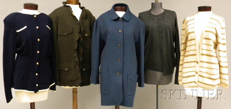 Four Chanel Garments and a Valentino Cardigan, inc: Four Chanel Garments and a Valentino Cardigan, including two Chanel Boutique wool-blend jackets, a tan striped cashmere Chanel cardigan (missing one button), a gray Chanel Boutique sweater set, and a