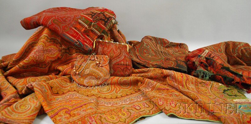 Four Paisley Textiles and Two Vintage Paisley Fabr: Four Paisley Textiles and Two Vintage Paisley Fabric Purses, one purse with metallic beadwork and a marcasite clasp, the other with a gold-tone engraved frame and hardstone elements.