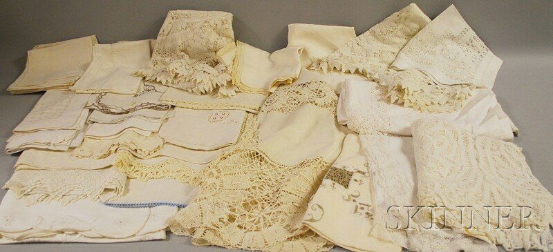 Box of Assorted Antique and Vintage Linens, includ: Box of Assorted Antique and Vintage Linens, including bedcovers, tablecloths, runners, placemats, napkins, various fabrics, with cutwork, lace, embroidery, etc.
