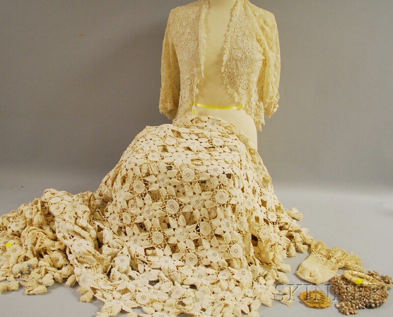 Five Crocheted and/or Lace Articles, including a l: Five Crocheted and/or Lace Articles, including a ladies' jacket, an Irish crocheted bedspread, and a pincushion.