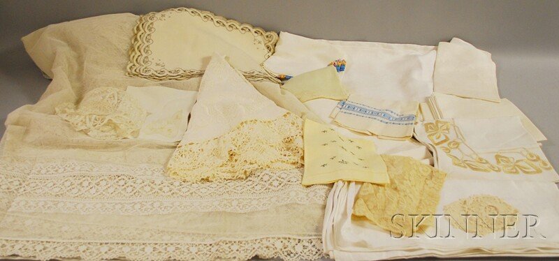 Vintage Net and Lace Curtain Panels and a Group of: Vintage Net and Lace Curtain Panels and a Group of Table Linens, including assorted lace and cutwork, damask, etc.