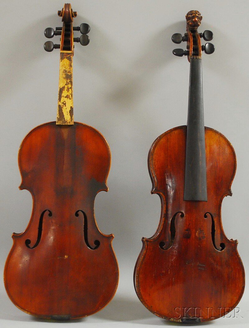 Two Violins, one French, the other German, c. 1880: Two Violins, one French, the other German, c. 1880, one labeled ...MEDIO FINO..., and the other labeled...AUDINOT..., length of back 359 mm, and 358 mm.