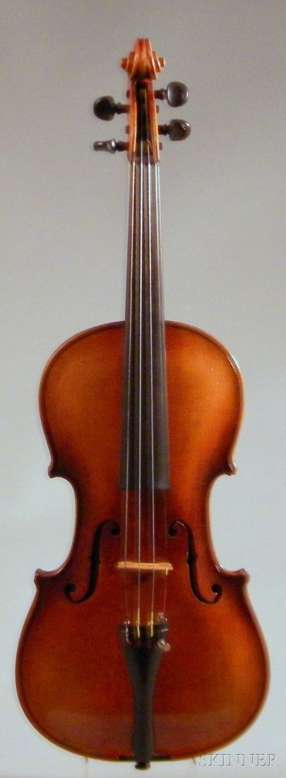 German Violin, c. 1910, labeled ...KLOTZ..., brand: German Violin, c. 1910, labeled ...KLOTZ..., branded at the upper back, length of back 358 mm.