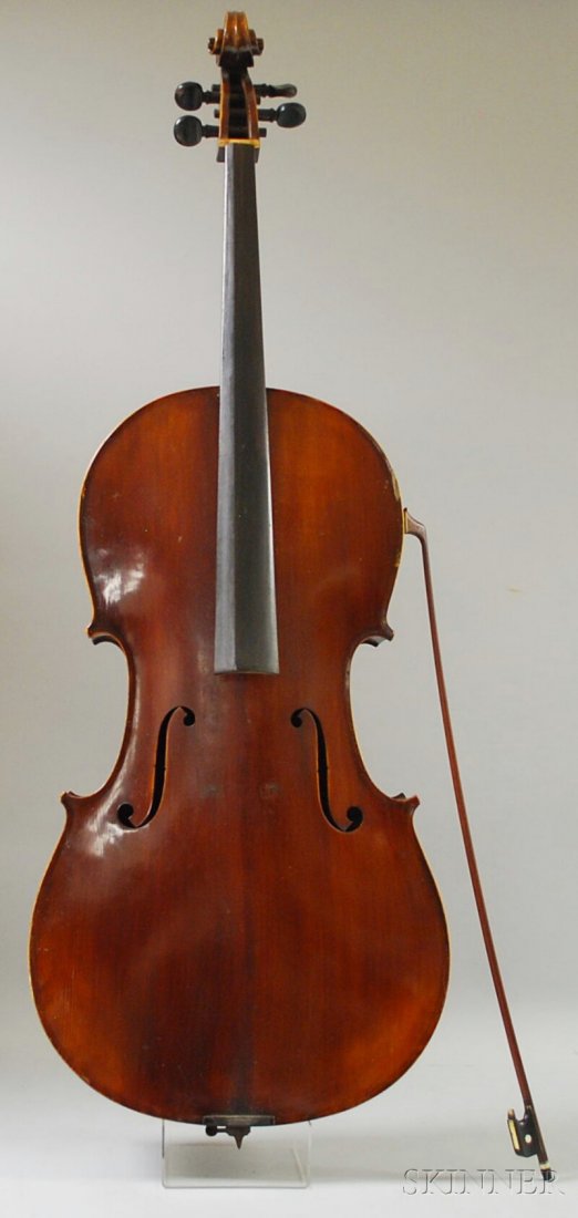 German Violoncello, c. 1910, for Victor Carroll Sq: German Violoncello, c. 1910, for Victor Carroll Squier, labeled ...V.C. SQUIER..., length of back 76 cm, with canvas bag and bow.
