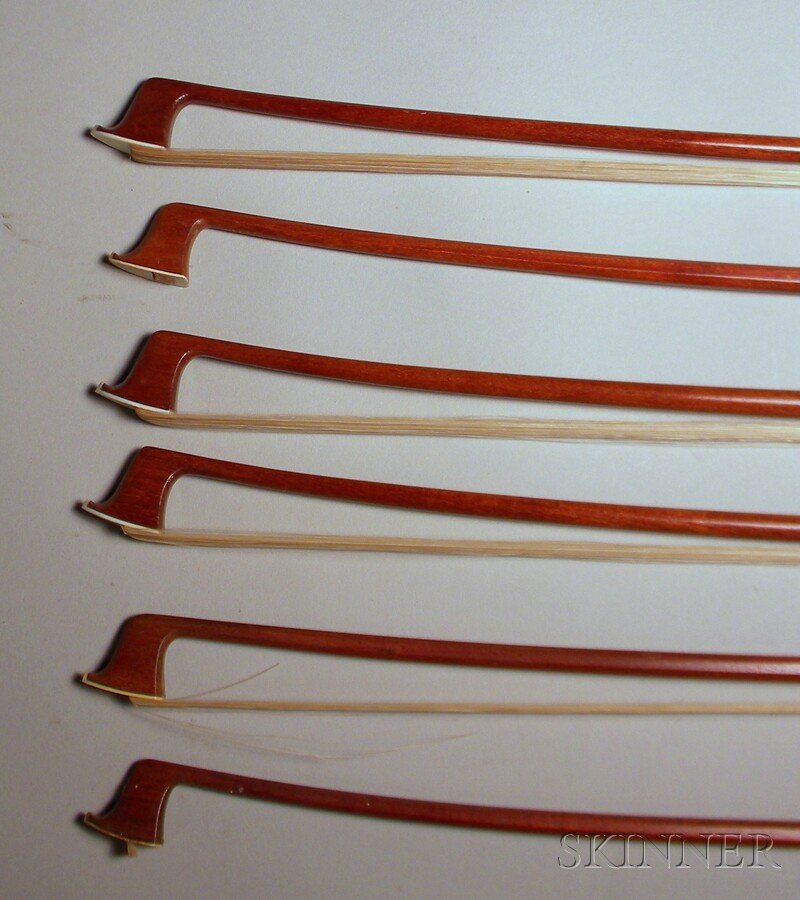 Six Contemporary Nickel-mounted Violin Bows, inclu: Six Contemporary Nickel-mounted Violin Bows, including three stamped BAUSCH.