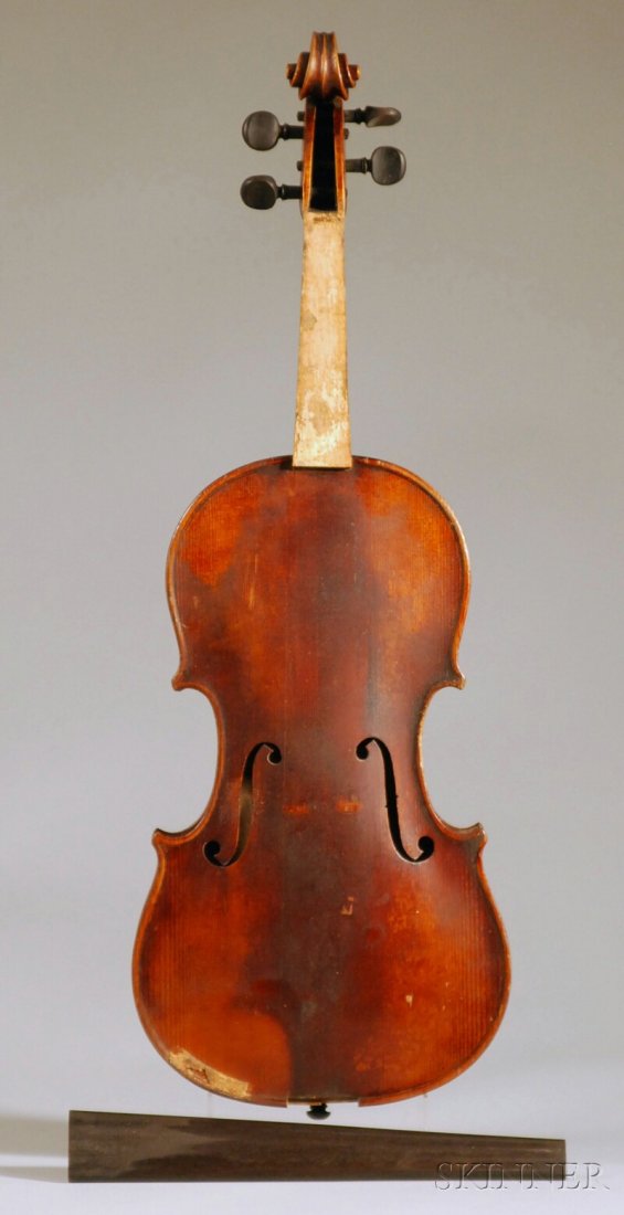 Mittenwald Violin, c. 1920, unlabeled, length of b: Mittenwald Violin, c. 1920, unlabeled, length of back 358 mm, with bow and case.