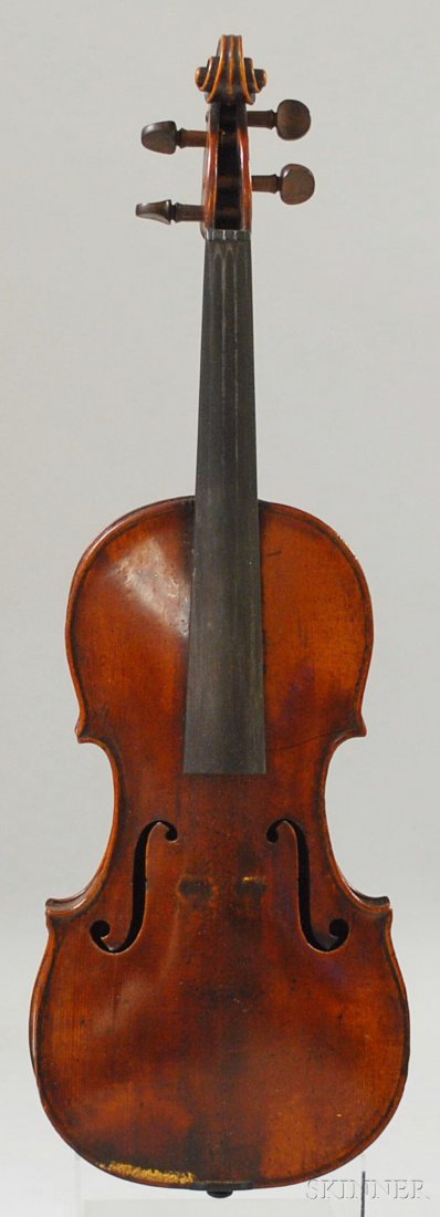 Tyrolean Violin, c. 1780, labeled JOHANN STEPHAN T: Tyrolean Violin, c. 1780, labeled JOHANN STEPHAN THUMHARD, LAUTTEN UND GEIGENMACHER, INS STRAUBING, 1780, length of back 361 mm, with bow and case.