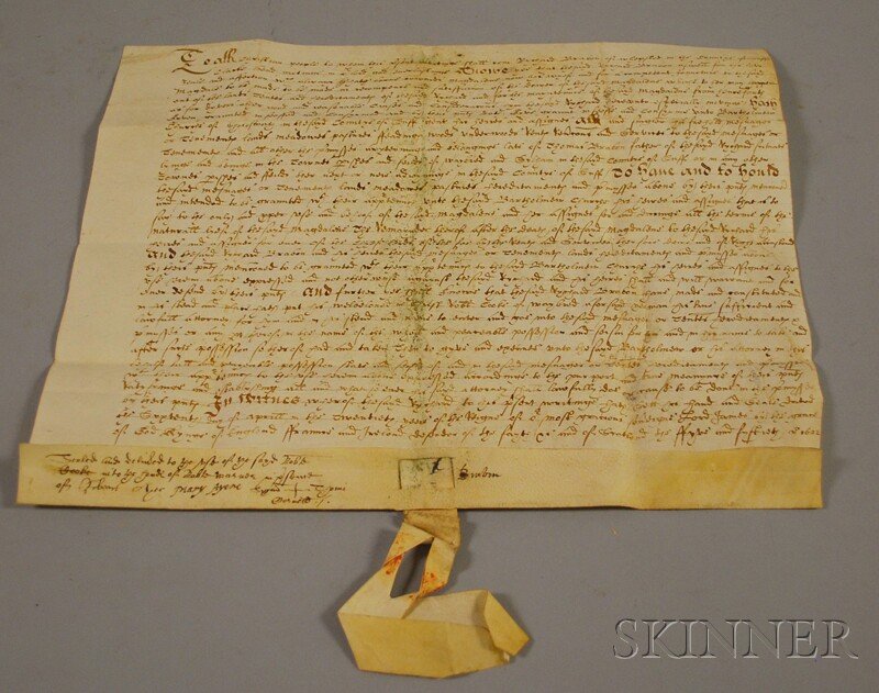 James I, English Land Deed on Parchment, 1622. On: James I, English Land Deed on Parchment, 1622. One sheet, in manuscript, with old folds, between Richard Brabon and Robert and Mary Ayer, with their signatures, and others, some minor dusty surface mo