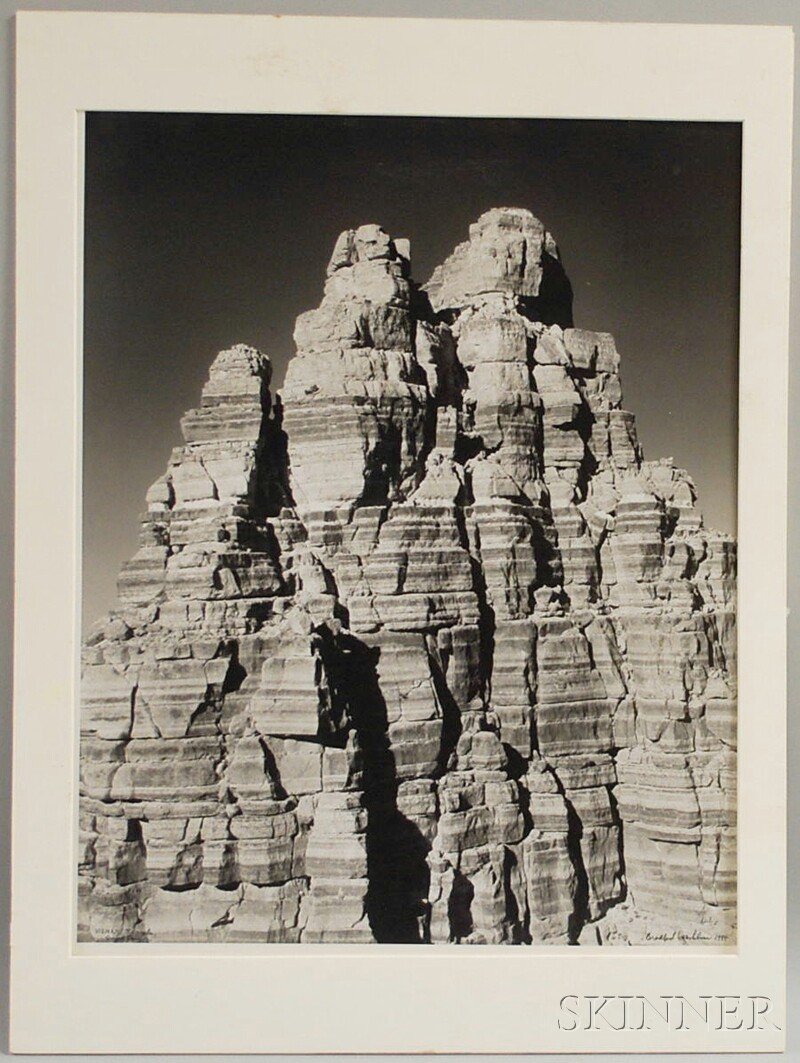 Washburn, Bradford (1910-2007) Vishnu Temple, Gra: Washburn, Bradford (1910-2007) Vishnu Temple, Grand Canyon. Signed black and white photograph, 1994, matted, with remnants of adhesive on the image surface, in an area of dark sky above the rock forma
