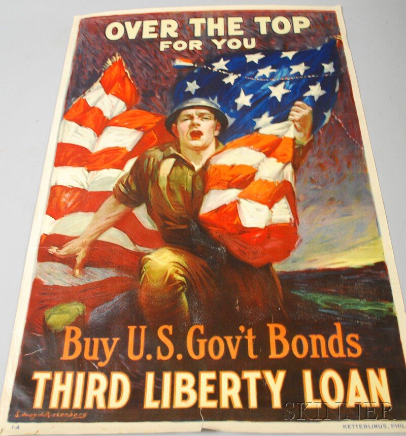 WWI Poster: Over The Top! Sidney H. Riesenberg (1: WWI Poster: Over The Top! Sidney H. Riesenberg (1885-1971). Formerly rolled, some tears.