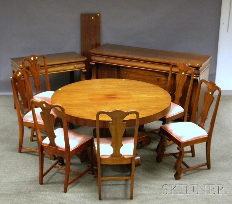 Nine-piece Empire-style Mahogany and Mahogany Ven: Nine-piece Empire-style Mahogany and Mahogany Veneer Dining Room Set, a circular pedestal-base dining table with two leaves, six chairs, a sideboard, and a server.