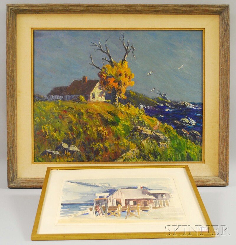 Two Works.: Two Works. Alice Leslie, American, 20th Century) Wharf Shack, signed l.r., watercolor on paper, 11 1/2 x 15 1/2, framed, (laid down); Lew Miller (American, 1883-1956), Portrait of a House by the Sho