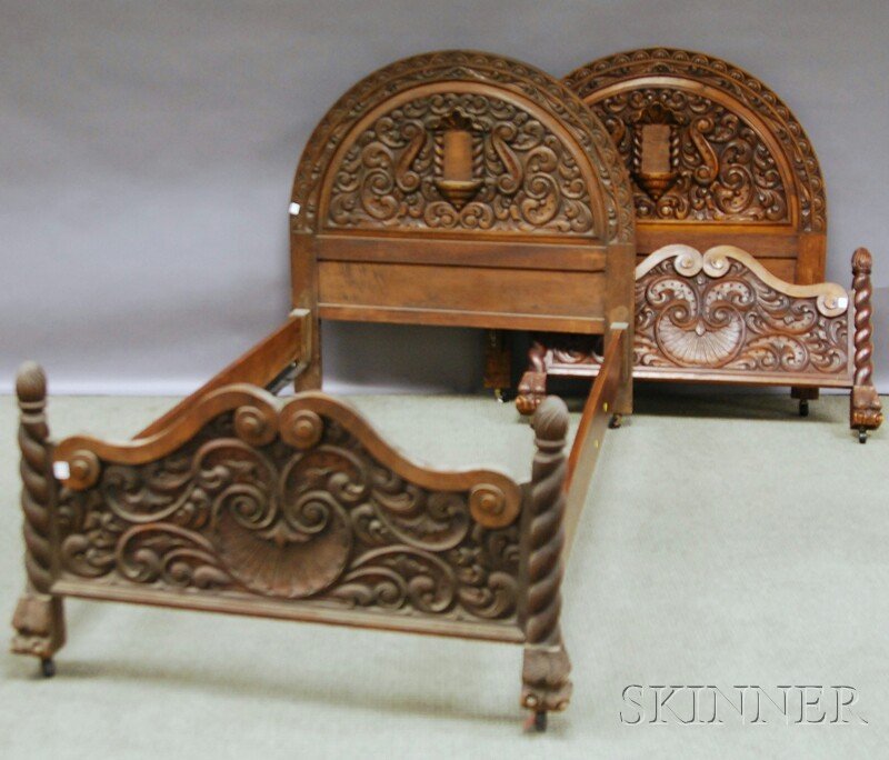 Pair of Assembled Baroque-style Carved Wood Twin: Pair of Assembled Baroque-style Carved Wood Twin Beds and a Frame, the beds with one set of rails, (extensive wear, scratches, imperfections, frame with some losses).