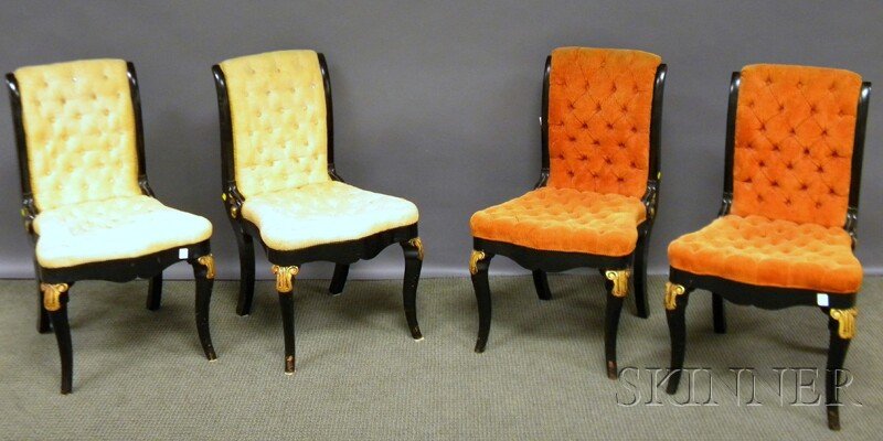 Set of Four Neoclassical Tufted Corduroy Upholste: Set of Four Neoclassical Tufted Corduroy Upholstered Parcel-gilt and Ebonized Carved Wood Parlor Chairs.