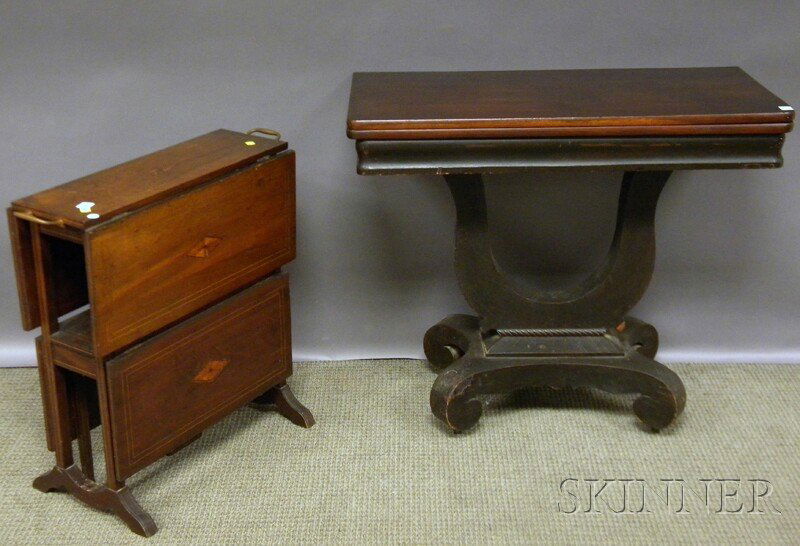Edwardian Inlaid Mahogany Drop-leaf Tuck-away Tab: Edwardian Inlaid Mahogany Drop-leaf Tuck-away Table and an Empire Mahogany Veneer Lyre-base Card Table.
