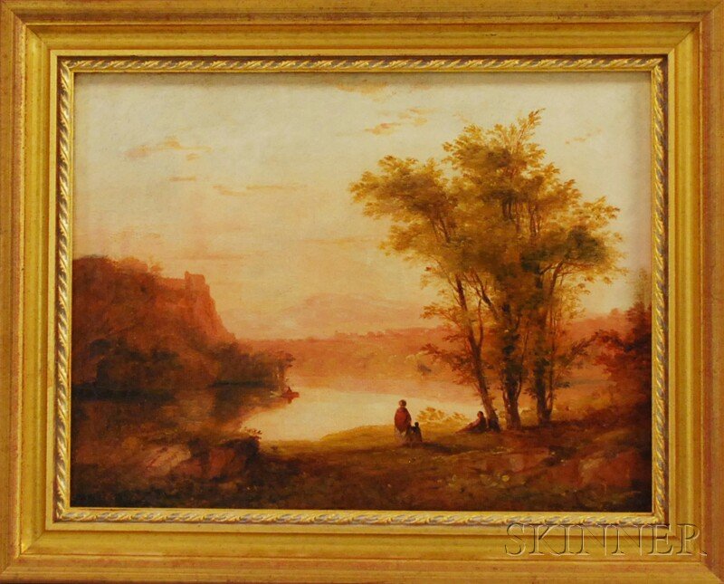 Continental School, 19th Century Landscape at Sun: Continental School, 19th Century Landscape at Sunset. Signed illegibly l.l. Oil on canvas, 10 x 13 in., framed. Condition: Retouch, skinning, lined.