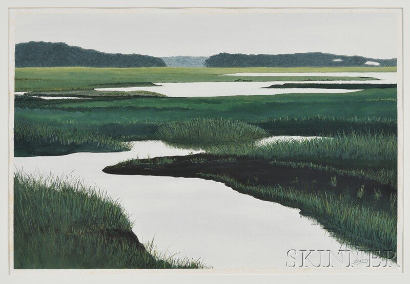 Rick Fleury (American, b. 1960) Truro Marshes. Si: Rick Fleury (American, b. 1960) Truro Marshes. Signed "Fleury" l.r. Watercolor on paper, sight size 15 3/4 x 23 in., framed. Condition: Staining to margins.