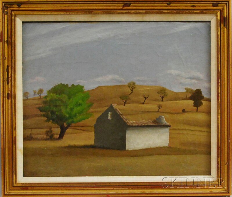 Attributed to Meraud (Guinness) Guevara (British,: Attributed to Meraud (Guinness) Guevara (British, 1904-1993) Lone Ruins of a House. Signed or inscribed and dated "Meraud Guevara 29" in pencil l.l. Oil on canvas mounted to panel, 15 x 18 1/4 in., fr