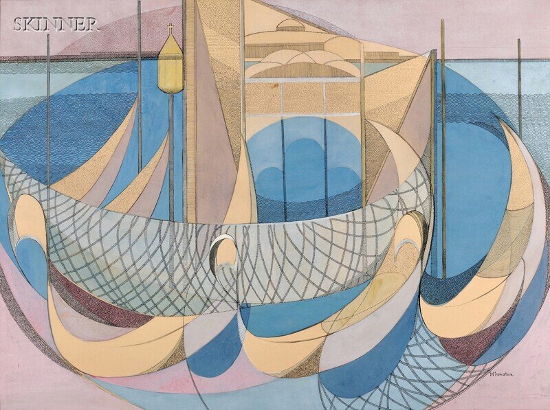 Charlotte Whinston (American, 1894-1976) Fishing: Charlotte Whinston (American, 1894-1976) Fishing Nets and Gondolas. Signed "Whinston" l.r., identified on a label from the Smith College Museum of Art affixed to the reverse. Casein, ink, and graphite