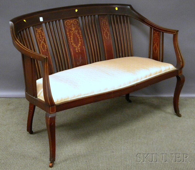 Edwardian Inlaid Mahogany Spindle-back Settee wit: Edwardian Inlaid Mahogany Spindle-back Settee with Upholstered Seat, approx. lg. 42 1/2 in.