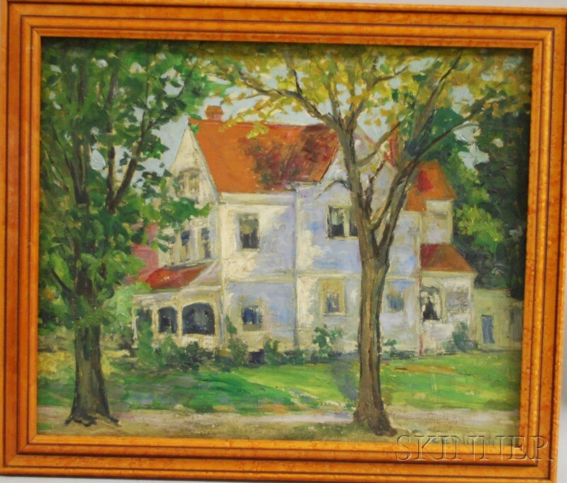 Charles E. Duncan Rodick (American, 20th Century): Charles E. Duncan Rodick (American, 20th Century) House Portrait in Summer. Signed "CED Rodick" l.r. Oil on paperboard, 14 x 17 in., framed. Condition: Bowing to support, surface grime.