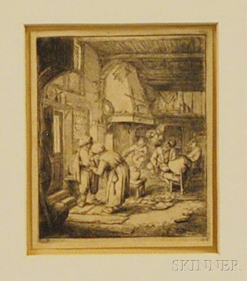 After Adriaen van Ostade (Dutch, 1610-1685) Inter: After Adriaen van Ostade (Dutch, 1610-1685) Interior of an Inn. (An 18th century impression). Signed "Ost..." in the plate l.r. Etching, sheet size 4 3/8 x 3 3/4 in., matted, unframed. Condition: T