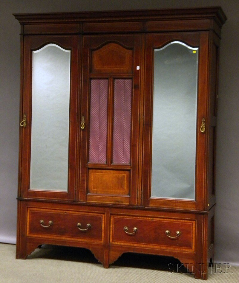 Edwardian Inlaid Mahogany and Mirrored Three-door: Edwardian Inlaid Mahogany and Mirrored Three-door Wardrobe Cabinet, ht. 85 1/2, wd. 70 1/2, dp. 22 1/4 in.